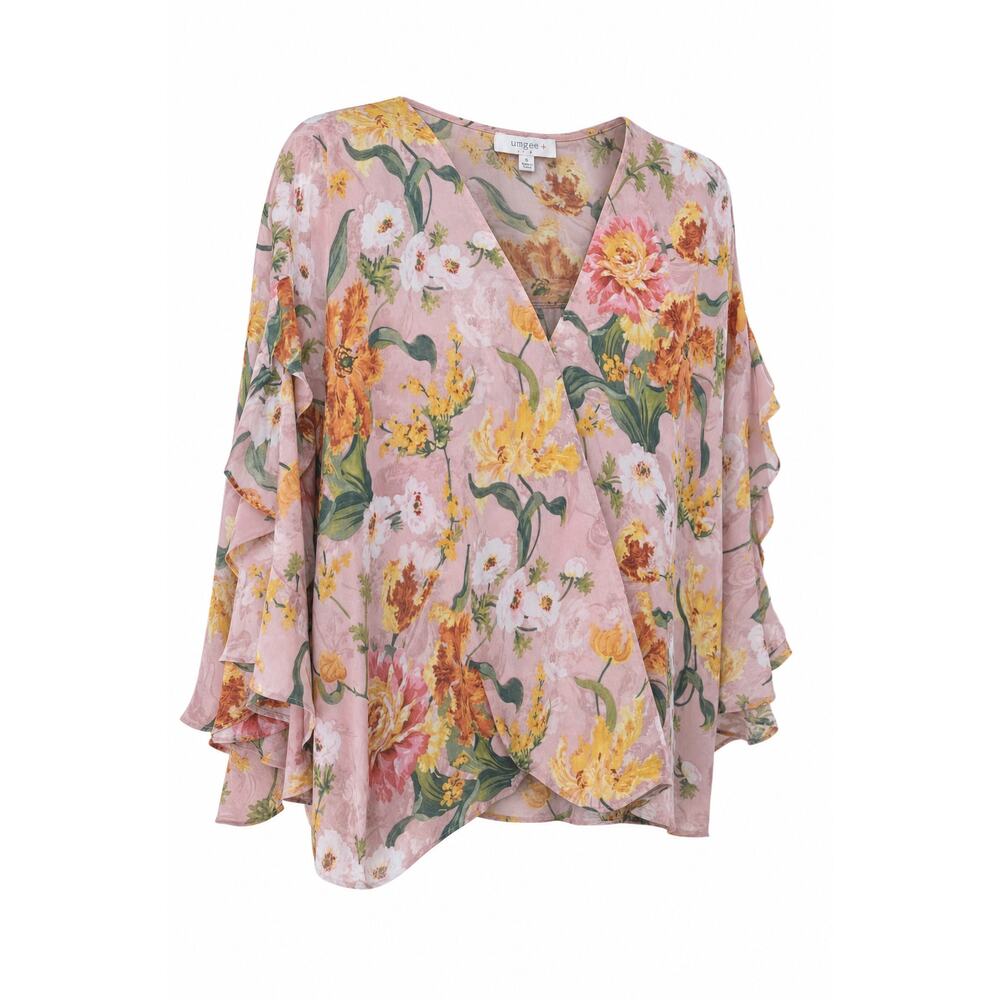 Umgee+ Top Pink Floral Ruffle Sleeve Sheer Boho Cottagecore Blouse Shirt SZ XL